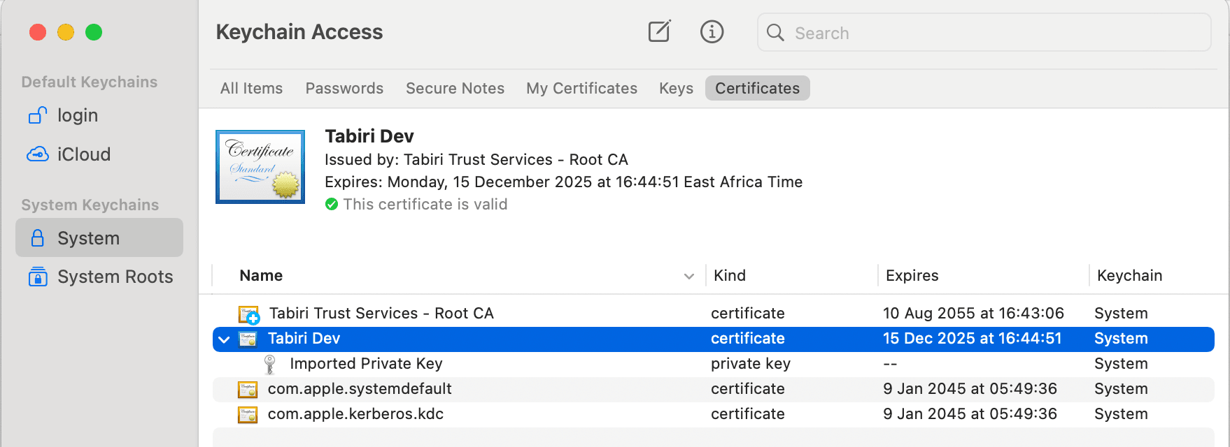 Certificate in Keychain Access